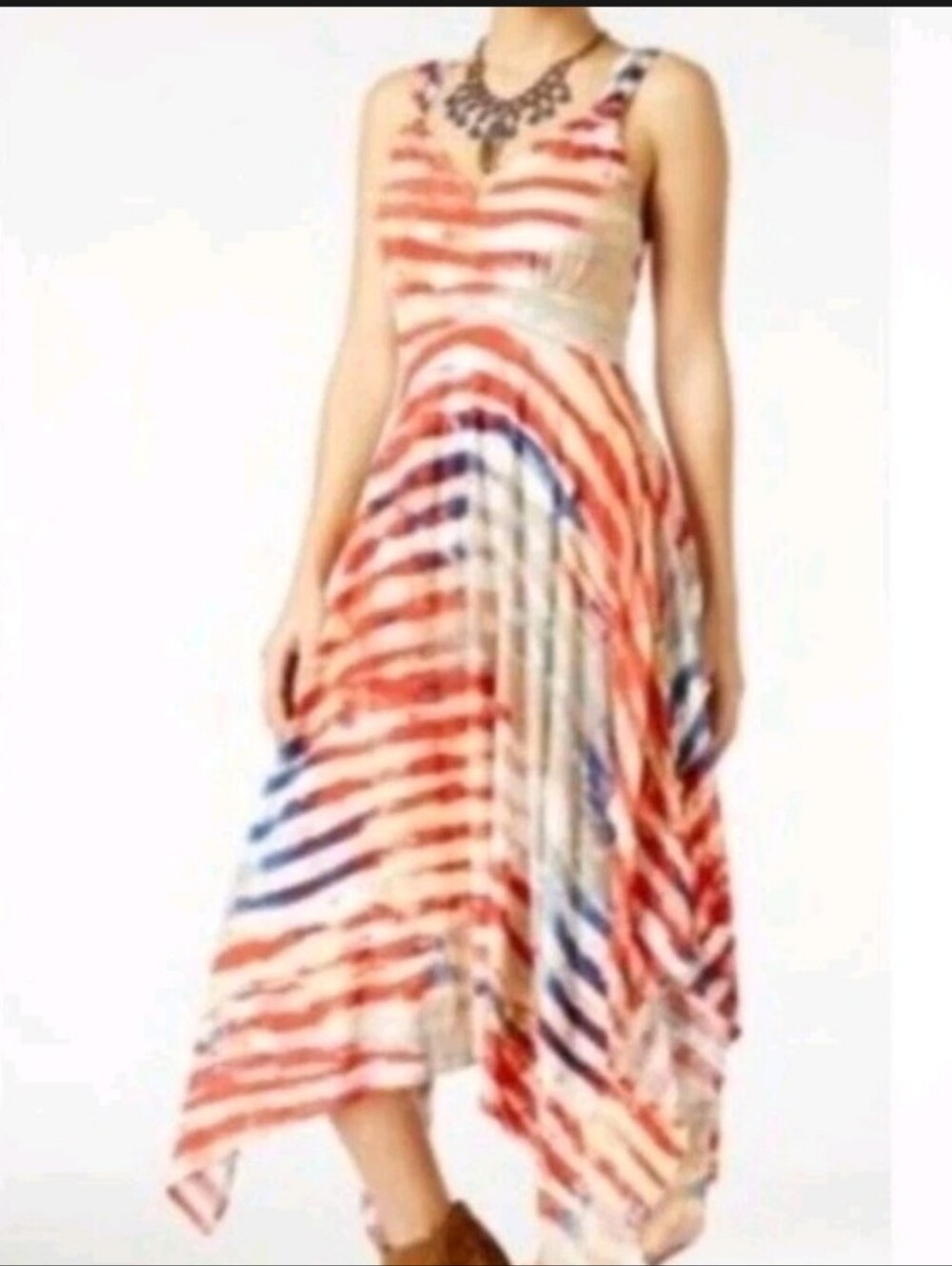 American Rag  Hankerchief  Hem Dress red gold, blue built in bra L